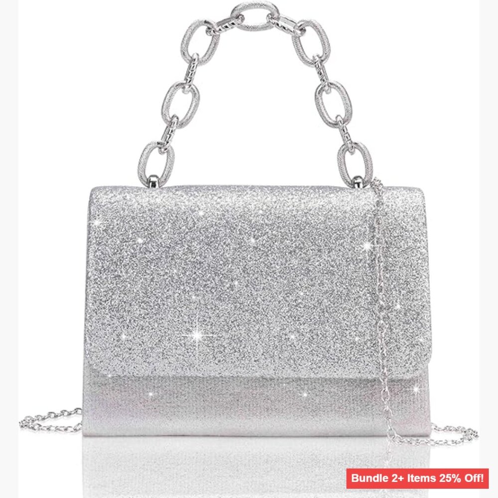 Silver Formal Clutch Purse with Detachable Crossbody Chain for Women